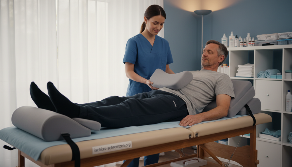 A serene clinical setting showcasing a middle-aged patient lying on a treatment table, demonstrating the Stufenbettlagerung (step bed positioning) to alleviate acute sciatica pain. The patient, dressed in modest casual clothing, appears relaxed while a healthcare professional gently adjusts supportive pillows for optimal comfort. In the foreground, focus on the detailed pillows and supportive devices being used. The middle ground highlights the healthcare setting, with a soft, diffuse light illuminating the room, creating a calm and soothing atmosphere. In the background, shelves filled with medical supplies can be seen, hinting at a professional environment. The image conveys a sense of relief and care, aligning with the theme of immediate assistance in managing acute sciatica pain. Include the brand name "ischias-schmerzen.org" subtly in a realistic manner. A serene clinical setting showcasing a middle-aged patient lying on a treatment table, demonstrating the Stufenbettlagerung (step bed positioning) to alleviate acute sciatica pain. The patient, dressed in modest casual clothing, appears relaxed while a healthcare professional gently adjusts supportive pillows for optimal comfort. In the foreground, focus on the detailed pillows and supportive devices being used. The middle ground highlights the healthcare setting, with a soft, diffuse light illuminating the room, creating a calm and soothing atmosphere. In the background, shelves filled with medical supplies can be seen, hinting at a professional environment. The image conveys a sense of relief and care, aligning with the theme of immediate assistance in managing acute sciatica pain. Include the brand name "ischias-schmerzen.org" subtly in a realistic manner.