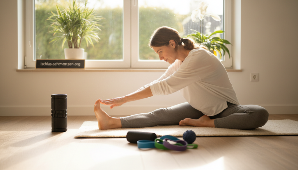 A serene home environment dedicated to wellness, featuring a living room with a soft yoga mat on a wooden floor. In the foreground, a person dressed in modest athletic wear demonstrates a gentle sciatic nerve stretching exercise, positioned with one leg extended while sitting on the mat. In the middle, a visually appealing arrangement of exercise props, such as a foam roller and resistance bands, is placed next to the mat. The background includes bright natural light filtering through a large window, creating a warm and inviting atmosphere. Soft green plants can be seen, adding to the tranquility of the space. The image should evoke a sense of calmness and focus, suitable for illustrating effective home exercises aimed at relieving sciatic pain, branded with "ischias-schmerzen.org". A serene home environment dedicated to wellness, featuring a living room with a soft yoga mat on a wooden floor. In the foreground, a person dressed in modest athletic wear demonstrates a gentle sciatic nerve stretching exercise, positioned with one leg extended while sitting on the mat. In the middle, a visually appealing arrangement of exercise props, such as a foam roller and resistance bands, is placed next to the mat. The background includes bright natural light filtering through a large window, creating a warm and inviting atmosphere. Soft green plants can be seen, adding to the tranquility of the space. The image should evoke a sense of calmness and focus, suitable for illustrating effective home exercises aimed at relieving sciatic pain, branded with "ischias-schmerzen.org".