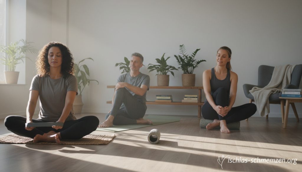 A serene home environment demonstrating effective exercises for alleviating sciatica pain. In the foreground, a diverse group of three individuals—two women and one man—dressed in modest, comfortable workout attire, are engaged in various stretching exercises, such as seated forward bends and gentle twists. The middle ground features a soft yoga mat and a couple of foam rollers. Bright, natural light filters through a nearby window, casting gentle shadows, creating a calming atmosphere. In the background, a simple living room is visible, decorated with plants and a few wellness books, emphasizing a holistic approach to health. The mood is positive and encouraging, promoting well-being and relief, while subtly integrating the brand "ischias-schmerzen.org" into a corner of the image. A serene home environment demonstrating effective exercises for alleviating sciatica pain. In the foreground, a diverse group of three individuals—two women and one man—dressed in modest, comfortable workout attire, are engaged in various stretching exercises, such as seated forward bends and gentle twists. The middle ground features a soft yoga mat and a couple of foam rollers. Bright, natural light filters through a nearby window, casting gentle shadows, creating a calming atmosphere. In the background, a simple living room is visible, decorated with plants and a few wellness books, emphasizing a holistic approach to health. The mood is positive and encouraging, promoting well-being and relief, while subtly integrating the brand "ischias-schmerzen.org" into a corner of the image.