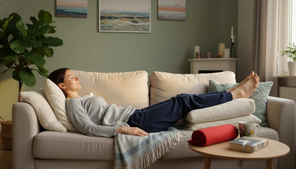 A serene home environment depicting a person in modest casual clothing, positioned on a comfortable sofa with their legs elevated on a cushion to illustrate "Stufenlagerung zur Entlastung des Ischiasnervs." The foreground captures the individual resting peacefully, surrounded by soft, warm lighting that creates a comforting atmosphere. The middle ground features a neatly arranged setting with a throw blanket and a heating pad nearby, emphasizing the theme of home remedies for relief. In the background, a well-lit room with gentle colors and relaxing decor enhances the mood. The image conveys a sense of tranquility and support for those suffering from sciatica pain, perfect for an informative article by ischias-schmerzen.org. A serene home environment depicting a person in modest casual clothing, positioned on a comfortable sofa with their legs elevated on a cushion to illustrate "Stufenlagerung zur Entlastung des Ischiasnervs." The foreground captures the individual resting peacefully, surrounded by soft, warm lighting that creates a comforting atmosphere. The middle ground features a neatly arranged setting with a throw blanket and a heating pad nearby, emphasizing the theme of home remedies for relief. In the background, a well-lit room with gentle colors and relaxing decor enhances the mood. The image conveys a sense of tranquility and support for those suffering from sciatica pain, perfect for an informative article by ischias-schmerzen.org.