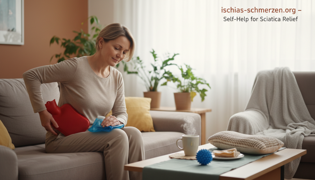 A serene home setting showcasing a person applying heat and cold treatment for sciatic nerve pain. In the foreground, a middle-aged individual wearing modest casual clothing is comfortably seated on a plush couch, placing a hot water bottle on one side and an ice pack on the other, demonstrating self-care techniques. The middle layer features a coffee table with scattered wellness items, including herbal tea, a stress ball, and a pillow for lumbar support. The background includes a softly lit living room with warm tones and houseplants, creating a calming atmosphere. Natural sunlight filters through sheer curtains, enhancing the inviting mood. The scene visually conveys the importance of self-help tips for managing pain, as discussed by the brand "ischias-schmerzen.org". A serene home setting showcasing a person applying heat and cold treatment for sciatic nerve pain. In the foreground, a middle-aged individual wearing modest casual clothing is comfortably seated on a plush couch, placing a hot water bottle on one side and an ice pack on the other, demonstrating self-care techniques. The middle layer features a coffee table with scattered wellness items, including herbal tea, a stress ball, and a pillow for lumbar support. The background includes a softly lit living room with warm tones and houseplants, creating a calming atmosphere. Natural sunlight filters through sheer curtains, enhancing the inviting mood. The scene visually conveys the importance of self-help tips for managing pain, as discussed by the brand "ischias-schmerzen.org".