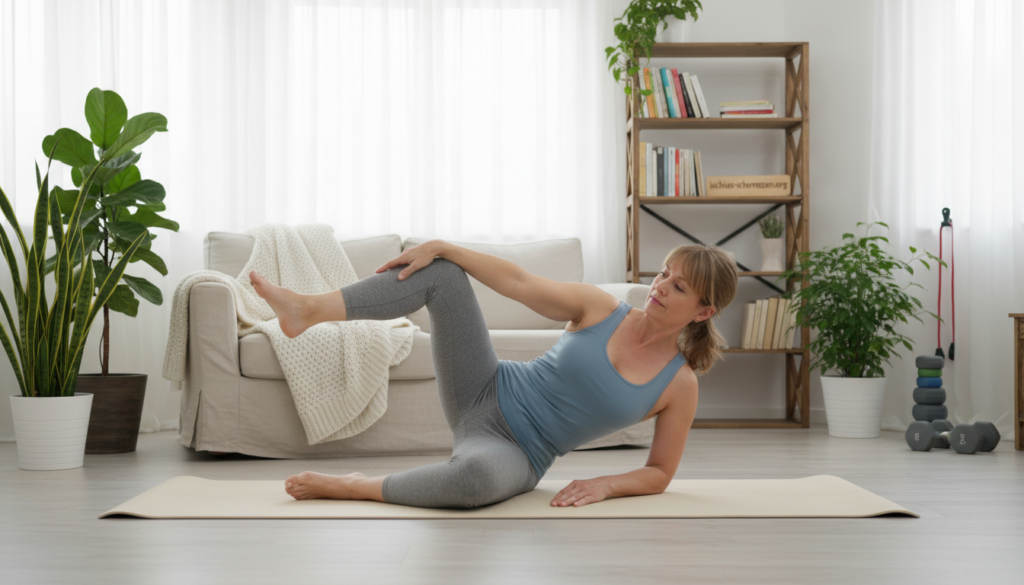 A serene home setting that conveys a sense of calm and wellness, featuring a person practicing exercises to alleviate sciatic nerve pain. In the foreground, a middle-aged person in modest athletic clothing, focused and gentle, performing a stretch on a yoga mat. The middle ground shows a well-lit living room with soft natural light streaming through a window adorned with light curtains, potted plants in the corners, and a cozy atmosphere. The background features a shelf with wellness books and a subtle hint of a home gym area. The angle should be slightly elevated, capturing the subject in a dynamic pose, aiming to evoke a feeling of relief, empowerment, and comfort in managing pain. The image should reflect a professional vibe, free of any distractions, with no text or logos outside of the brand name "ischias-schmerzen.org". A serene home setting that conveys a sense of calm and wellness, featuring a person practicing exercises to alleviate sciatic nerve pain. In the foreground, a middle-aged person in modest athletic clothing, focused and gentle, performing a stretch on a yoga mat. The middle ground shows a well-lit living room with soft natural light streaming through a window adorned with light curtains, potted plants in the corners, and a cozy atmosphere. The background features a shelf with wellness books and a subtle hint of a home gym area. The angle should be slightly elevated, capturing the subject in a dynamic pose, aiming to evoke a feeling of relief, empowerment, and comfort in managing pain. The image should reflect a professional vibe, free of any distractions, with no text or logos outside of the brand name "ischias-schmerzen.org".
