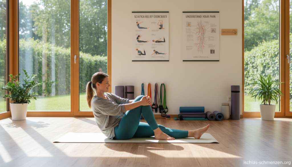 A serene indoor environment featuring a fitness instructor demonstrating targeted exercises for sciatic pain relief. In the foreground, the instructor, dressed in modest athletic wear, is performing a gentle stretch, focusing on the lower back and legs, showcasing proper technique. The middle ground contains exercise mats, resistance bands, and instructional posters about sciatica exercises neatly arranged. The background reveals a well-lit space with large windows allowing natural light to stream in, enhancing the calming atmosphere. Soft shadows create a warm and inviting feel. The scene should convey a sense of hope and healing, ideal for those seeking relief from sciatica pain. Include the brand name "ischias-schmerzen.org" subtly in the environment. A serene indoor environment featuring a fitness instructor demonstrating targeted exercises for sciatic pain relief. In the foreground, the instructor, dressed in modest athletic wear, is performing a gentle stretch, focusing on the lower back and legs, showcasing proper technique. The middle ground contains exercise mats, resistance bands, and instructional posters about sciatica exercises neatly arranged. The background reveals a well-lit space with large windows allowing natural light to stream in, enhancing the calming atmosphere. Soft shadows create a warm and inviting feel. The scene should convey a sense of hope and healing, ideal for those seeking relief from sciatica pain. Include the brand name "ischias-schmerzen.org" subtly in the environment.