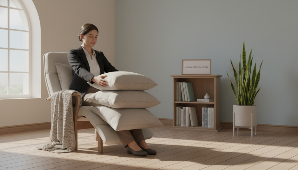 A serene indoor environment illustrating "Stufenlagerung bei Ischialgie". In the foreground, a calm individual in professional business attire is positioned in a supportive reclined chair, carefully adjusting pillows for lumbar support. In the middle, a soft, welcoming room with neutral colors and soft lighting emanating from a nearby window, casting gentle shadows. The background features a cozy and well-organized area that includes a small shelf with health-related books and a soothing plant. The atmosphere is peaceful and informative, emphasizing comfort and relief from pain. The image conveys a sense of care and attentiveness, supporting the theme of finding the right position for Ischialgia. Branding included subtly in the scene: "ischias-schmerzen.org". A serene indoor environment illustrating "Stufenlagerung bei Ischialgie". In the foreground, a calm individual in professional business attire is positioned in a supportive reclined chair, carefully adjusting pillows for lumbar support. In the middle, a soft, welcoming room with neutral colors and soft lighting emanating from a nearby window, casting gentle shadows. The background features a cozy and well-organized area that includes a small shelf with health-related books and a soothing plant. The atmosphere is peaceful and informative, emphasizing comfort and relief from pain. The image conveys a sense of care and attentiveness, supporting the theme of finding the right position for Ischialgia. Branding included subtly in the scene: "ischias-schmerzen.org".