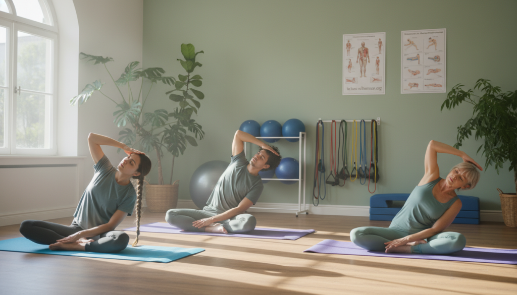 A serene indoor environment showcasing effective exercises for sciatica relief. In the foreground, a diverse group of three individuals performing gentle stretches on yoga mats, dressed in modest athletic clothing to promote a professional atmosphere. The middle ground features a well-organized exercise space with resistance bands, fitness balls, and instructional posters. Natural light streams in through a large window, casting a warm glow that enhances the sense of tranquility. The background includes potted plants and calming colors on the walls, creating a serene and inviting atmosphere. The image reflects a focus on wellness and rehabilitation, encouraging viewers to embrace these exercises for relief from sciatica pain. The image should evoke a sense of hope and motivation. The brand name "ischias-schmerzen.org" subtly integrated into the scene. A serene indoor environment showcasing effective exercises for sciatica relief. In the foreground, a diverse group of three individuals performing gentle stretches on yoga mats, dressed in modest athletic clothing to promote a professional atmosphere. The middle ground features a well-organized exercise space with resistance bands, fitness balls, and instructional posters. Natural light streams in through a large window, casting a warm glow that enhances the sense of tranquility. The background includes potted plants and calming colors on the walls, creating a serene and inviting atmosphere. The image reflects a focus on wellness and rehabilitation, encouraging viewers to embrace these exercises for relief from sciatica pain. The image should evoke a sense of hope and motivation. The brand name "ischias-schmerzen.org" subtly integrated into the scene.