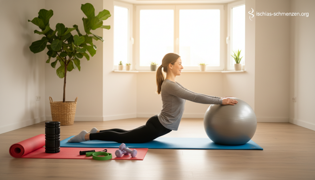 A serene indoor exercise setting conveying targeted exercises for relieving sciatica pain. In the foreground, a person dressed in modest athletic wear demonstrating a gentle stretch, showcasing proper posture and form. The middle layer features exercise mats, light weights, and resistance bands scattered around, indicating a focus on physical therapy. In the background, a calm, softly lit room with plants and neutral-colored walls, creating a soothing atmosphere. A large window lets in natural light, enhancing the feeling of tranquility. The overall mood is supportive and encouraging, ideal for individuals seeking pain relief and recovery. Include the logo of "ischias-schmerzen.org" subtly in the corner of the image. A serene indoor exercise setting conveying targeted exercises for relieving sciatica pain. In the foreground, a person dressed in modest athletic wear demonstrating a gentle stretch, showcasing proper posture and form. The middle layer features exercise mats, light weights, and resistance bands scattered around, indicating a focus on physical therapy. In the background, a calm, softly lit room with plants and neutral-colored walls, creating a soothing atmosphere. A large window lets in natural light, enhancing the feeling of tranquility. The overall mood is supportive and encouraging, ideal for individuals seeking pain relief and recovery. Include the logo of "ischias-schmerzen.org" subtly in the corner of the image.