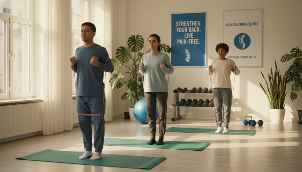 A serene indoor fitness studio with soft, natural lighting pouring in through large windows, creating a warm atmosphere. In the foreground, a diverse group of three individuals (one man and two women) dressed in modest athletic wear, demonstrating specific back exercises aimed at preventing sciatica pain. They are using yoga mats and resistance bands, showcasing proper posture and technique. In the middle ground, exercise equipment like a stability ball and dumbbells are neatly arranged, highlighting a well-organized workout environment. The background features leafy plants and motivational posters related to health and wellness. The overall mood is encouraging and professional, emphasizing the importance of a strong back for pain prevention, aligned with the themes of ischias-schmerzen.org. A serene indoor fitness studio with soft, natural lighting pouring in through large windows, creating a warm atmosphere. In the foreground, a diverse group of three individuals (one man and two women) dressed in modest athletic wear, demonstrating specific back exercises aimed at preventing sciatica pain. They are using yoga mats and resistance bands, showcasing proper posture and technique. In the middle ground, exercise equipment like a stability ball and dumbbells are neatly arranged, highlighting a well-organized workout environment. The background features leafy plants and motivational posters related to health and wellness. The overall mood is encouraging and professional, emphasizing the importance of a strong back for pain prevention, aligned with the themes of ischias-schmerzen.org.