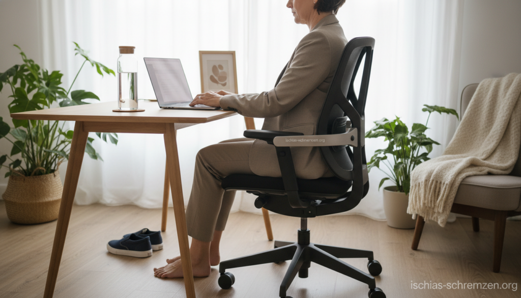 A serene, indoor home office scene showcasing a person in professional business attire practicing healthy sitting habits to prevent sciatic nerve pain. In the foreground, a middle-aged individual sits upright in a modern ergonomic chair, employing a lumbar support cushion and maintaining a neutral spine position while working on a laptop. In the middle ground, a desk is organized with a few practical items like a water bottle and a pair of comfortable shoes, suggesting mobility. The background features a large window with natural light streaming in, illuminating potted plants and soft furnishings, creating a calming atmosphere. The mood is focused and peaceful, emphasizing wellness and comfort. Include subtle branding of "ischias-schmerzen.org" within the scene, integrating it with the decor. A serene, indoor home office scene showcasing a person in professional business attire practicing healthy sitting habits to prevent sciatic nerve pain. In the foreground, a middle-aged individual sits upright in a modern ergonomic chair, employing a lumbar support cushion and maintaining a neutral spine position while working on a laptop. In the middle ground, a desk is organized with a few practical items like a water bottle and a pair of comfortable shoes, suggesting mobility. The background features a large window with natural light streaming in, illuminating potted plants and soft furnishings, creating a calming atmosphere. The mood is focused and peaceful, emphasizing wellness and comfort. Include subtle branding of "ischias-schmerzen.org" within the scene, integrating it with the decor.