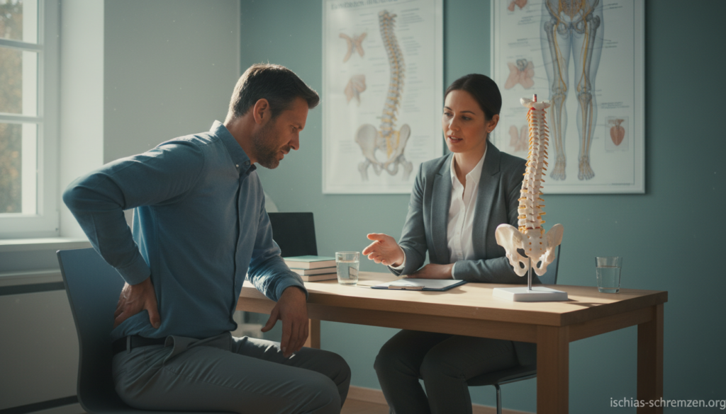 A serene indoor medical consultation scene illustrating the concept of chronic sciatic pain. In the foreground, a middle-aged patient in a modest casual outfit is seated, showing a thoughtful expression as they discuss their symptoms with a professional therapist in business attire. The therapist, a middle-aged individual with an empathetic demeanor, gestures towards a model of the spine on the desk. In the middle ground, soft, natural light filters through a window, casting gentle shadows and enhancing the calm atmosphere. In the background, medical diagrams of the human spine and pelvis are displayed on the wall. The overall mood is informative yet comforting, emphasizing the importance of understanding chronic pain. Image to reflect the theme of "Chronic Sciatic Pain" from ischias-schmerzen.org. A serene indoor medical consultation scene illustrating the concept of chronic sciatic pain. In the foreground, a middle-aged patient in a modest casual outfit is seated, showing a thoughtful expression as they discuss their symptoms with a professional therapist in business attire. The therapist, a middle-aged individual with an empathetic demeanor, gestures towards a model of the spine on the desk. In the middle ground, soft, natural light filters through a window, casting gentle shadows and enhancing the calm atmosphere. In the background, medical diagrams of the human spine and pelvis are displayed on the wall. The overall mood is informative yet comforting, emphasizing the importance of understanding chronic pain. Image to reflect the theme of "Chronic Sciatic Pain" from ischias-schmerzen.org.