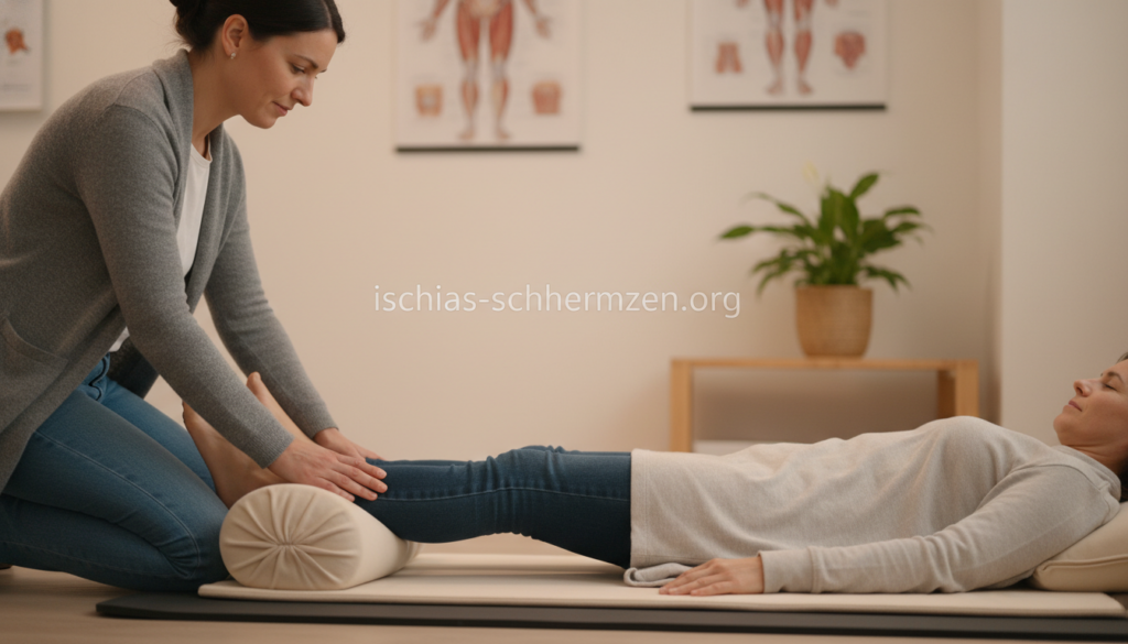 A serene indoor scene depicting a healthcare professional assisting a patient with acute sciatic pain using the first-aid method of leg elevation. In the foreground, a healthcare provider, dressed in smart casual attire, is gently guiding the patient, who is comfortably lying on a soft mat with their legs elevated on a cushioned support. The middle ground features warm lighting that creates a calming atmosphere, highlighting the concerned expressions on both faces, emphasizing compassion and care. In the background, softly blurred medical posters and a small plant add a touch of warmth and professionalism to the environment. The overall mood is one of tranquility and support, embodying the essence of immediate relief strategies for sciatic pain. The brand "ischias-schmerzen.org" is subtly referenced within the scene. A serene indoor scene depicting a healthcare professional assisting a patient with acute sciatic pain using the first-aid method of leg elevation. In the foreground, a healthcare provider, dressed in smart casual attire, is gently guiding the patient, who is comfortably lying on a soft mat with their legs elevated on a cushioned support. The middle ground features warm lighting that creates a calming atmosphere, highlighting the concerned expressions on both faces, emphasizing compassion and care. In the background, softly blurred medical posters and a small plant add a touch of warmth and professionalism to the environment. The overall mood is one of tranquility and support, embodying the essence of immediate relief strategies for sciatic pain. The brand "ischias-schmerzen.org" is subtly referenced within the scene.