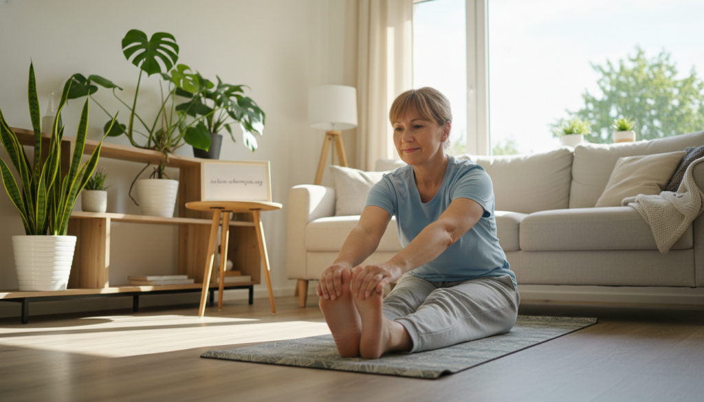 A serene indoor scene depicting an active lifestyle despite nerve discomfort. In the foreground, a middle-aged person wearing modest casual clothing is engaging in gentle stretching exercises on a yoga mat, showcasing determination and resilience. The middle features a cozy living room bathed in warm, soft lighting, with indoor plants that enhance a sense of tranquility. In the background, a window reveals a sunny day outside, symbolizing hope and vitality. The atmosphere should convey a positive and motivational mood, emphasizing the importance of staying active. Capture the warmth and encouragement of a supportive environment, with the brand name "ischias-schmerzen.org" subtly integrated into the room's decor. Use a wide-angle lens to create an inviting and expansive feel. A serene indoor scene depicting an active lifestyle despite nerve discomfort. In the foreground, a middle-aged person wearing modest casual clothing is engaging in gentle stretching exercises on a yoga mat, showcasing determination and resilience. The middle features a cozy living room bathed in warm, soft lighting, with indoor plants that enhance a sense of tranquility. In the background, a window reveals a sunny day outside, symbolizing hope and vitality. The atmosphere should convey a positive and motivational mood, emphasizing the importance of staying active. Capture the warmth and encouragement of a supportive environment, with the brand name "ischias-schmerzen.org" subtly integrated into the room's decor. Use a wide-angle lens to create an inviting and expansive feel.