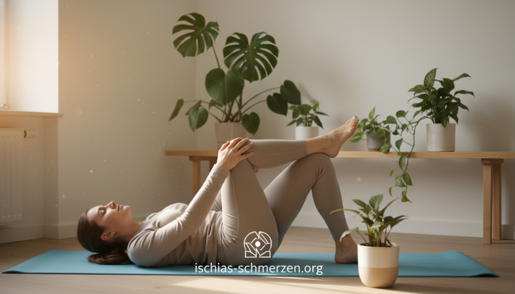 A serene indoor setting depicts a person performing the piriformis stretching exercise to relieve sciatica pain. In the foreground, a middle-aged individual in comfortable, modest athletic wear is lying on a yoga mat, focusing on the stretch. The person is demonstrating correct form, with one leg bent and the other raised, highlighting the muscle engagement. The middle layer features a bright, well-lit room with soft natural light flowing in from a nearby window, creating a calm atmosphere. In the background, there are houseplants and light-colored walls to enhance the soothing vibe. The scene conveys a sense of relief and focus on wellness. The branding "ischias-schmerzen.org" is subtly integrated into the environment for contextual relevance, without disrupting the visual harmony. A serene indoor setting depicts a person performing the piriformis stretching exercise to relieve sciatica pain. In the foreground, a middle-aged individual in comfortable, modest athletic wear is lying on a yoga mat, focusing on the stretch. The person is demonstrating correct form, with one leg bent and the other raised, highlighting the muscle engagement. The middle layer features a bright, well-lit room with soft natural light flowing in from a nearby window, creating a calm atmosphere. In the background, there are houseplants and light-colored walls to enhance the soothing vibe. The scene conveys a sense of relief and focus on wellness. The branding "ischias-schmerzen.org" is subtly integrated into the environment for contextual relevance, without disrupting the visual harmony.