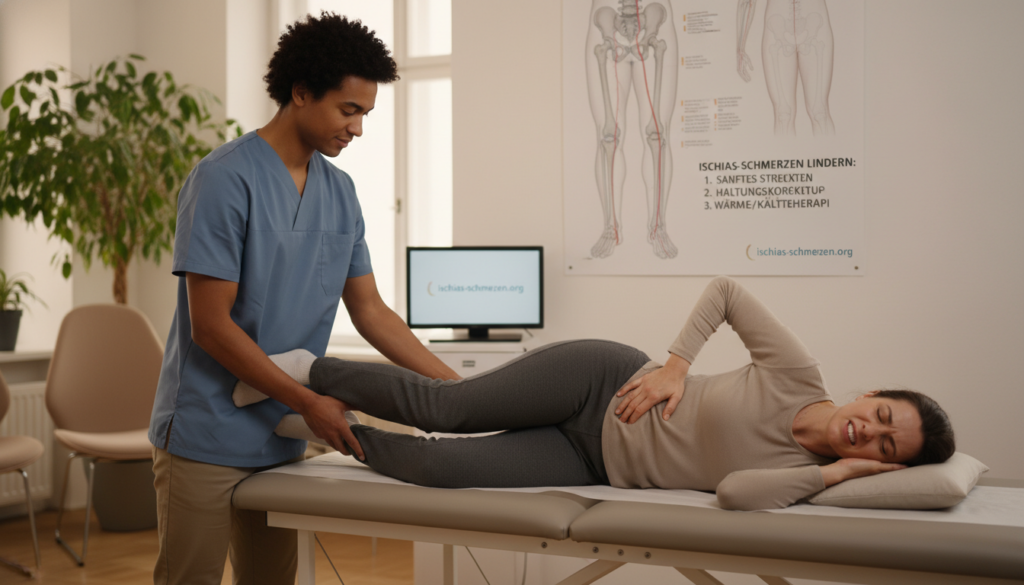 A serene indoor setting focused on an individual experiencing acute sciatic pain, depicted with a clear expression of discomfort. In the foreground, a diverse healthcare professional in modest, professional attire demonstrates first aid techniques with a focus on gentle stretching and posture correction. The middle ground features visual aids such as a poster detailing the anatomy of the sciatic nerve and steps to ease pain. The background is softly lit, creating a calming atmosphere with plant elements and a comfortable medical setting. Soft, warm lighting enhances the feel of compassion and expertise in the scene. Ensure the branding of "ischias-schmerzen.org" is subtly incorporated into the design elements without distracting from the main focus. A serene indoor setting focused on an individual experiencing acute sciatic pain, depicted with a clear expression of discomfort. In the foreground, a diverse healthcare professional in modest, professional attire demonstrates first aid techniques with a focus on gentle stretching and posture correction. The middle ground features visual aids such as a poster detailing the anatomy of the sciatic nerve and steps to ease pain. The background is softly lit, creating a calming atmosphere with plant elements and a comfortable medical setting. Soft, warm lighting enhances the feel of compassion and expertise in the scene. Ensure the branding of "ischias-schmerzen.org" is subtly incorporated into the design elements without distracting from the main focus.