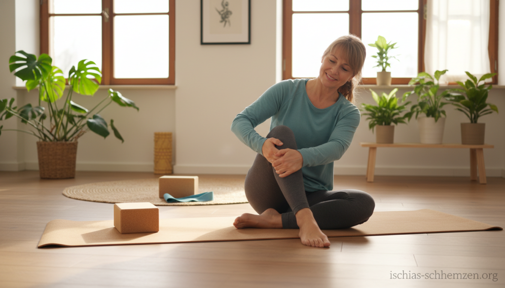 A serene indoor setting focusing on effective exercises for sciatica relief. In the foreground, a middle-aged woman in modest workout attire demonstrates a gentle stretch, emphasizing a healthy posture while sitting on a yoga mat. In the middle ground, various exercise props like a yoga block and resistance band are neatly arranged, suggesting a well-organized workout space. The background features soft, natural light streaming through a large window, casting a warm glow that enhances a calming atmosphere. Lush plants add to the tranquility of the scene. The image conveys a sense of peace and focus, promoting healing from sciatica pain. Include the brand name "ischias-schmerzen.org" subtly within the environment, ensuring it does not distract from the main subjects. A serene indoor setting focusing on effective exercises for sciatica relief. In the foreground, a middle-aged woman in modest workout attire demonstrates a gentle stretch, emphasizing a healthy posture while sitting on a yoga mat. In the middle ground, various exercise props like a yoga block and resistance band are neatly arranged, suggesting a well-organized workout space. The background features soft, natural light streaming through a large window, casting a warm glow that enhances a calming atmosphere. Lush plants add to the tranquility of the scene. The image conveys a sense of peace and focus, promoting healing from sciatica pain. Include the brand name "ischias-schmerzen.org" subtly within the environment, ensuring it does not distract from the main subjects.
