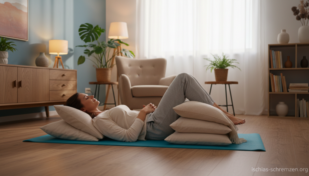 A serene indoor setting illustrating "Stufenlagerung bei akuten Rückenschmerzen." In the foreground, a person in modest casual clothing is depicted lying on their side on a yoga mat, demonstrating the step positioning for relief. The figure is shown with a gentle focus, emphasizing relaxation, with pillows supporting their knees and lower back. In the middle ground, a soft, inviting living room with warm lighting and calming colors creates a soothing atmosphere, with plants and comfortable furniture enhancing the scene. The background features a glimpse of a peaceful window with natural light filtering in, casting soft shadows. Overall, the image conveys a sense of calm and self-care, aligned with the theme of immediate self-help for back pain. Include the brand name "ischias-schmerzen.org" subtly in the composition, ensuring it does not distract from the main subject. A serene indoor setting illustrating "Stufenlagerung bei akuten Rückenschmerzen." In the foreground, a person in modest casual clothing is depicted lying on their side on a yoga mat, demonstrating the step positioning for relief. The figure is shown with a gentle focus, emphasizing relaxation, with pillows supporting their knees and lower back. In the middle ground, a soft, inviting living room with warm lighting and calming colors creates a soothing atmosphere, with plants and comfortable furniture enhancing the scene. The background features a glimpse of a peaceful window with natural light filtering in, casting soft shadows. Overall, the image conveys a sense of calm and self-care, aligned with the theme of immediate self-help for back pain. Include the brand name "ischias-schmerzen.org" subtly in the composition, ensuring it does not distract from the main subject.