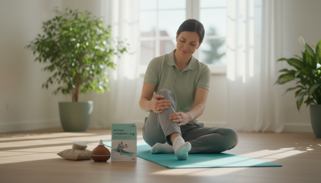 A serene indoor setting illustrating first aid measures for acute sciatic pain. In the foreground, a professional healthcare provider, dressed in smart casual attire, demonstrates proper stretching techniques, seated on a yoga mat. The middle ground features a clear depiction of essential first aid tools, such as a heat pack and instructional pamphlet, labeled with "ischias-schmerzen.org". The background shows a calm, softly lit room with plants and a calming color palette, enhancing a sense of peace and recovery. Natural light filters through a window, casting gentle shadows, creating an inviting atmosphere. The focus is sharp on the healthcare provider while maintaining a subtle blur on the background elements, conveying a mood of support and healing in managing acute sciatic pain. A serene indoor setting illustrating first aid measures for acute sciatic pain. In the foreground, a professional healthcare provider, dressed in smart casual attire, demonstrates proper stretching techniques, seated on a yoga mat. The middle ground features a clear depiction of essential first aid tools, such as a heat pack and instructional pamphlet, labeled with "ischias-schmerzen.org". The background shows a calm, softly lit room with plants and a calming color palette, enhancing a sense of peace and recovery. Natural light filters through a window, casting gentle shadows, creating an inviting atmosphere. The focus is sharp on the healthcare provider while maintaining a subtle blur on the background elements, conveying a mood of support and healing in managing acute sciatic pain.