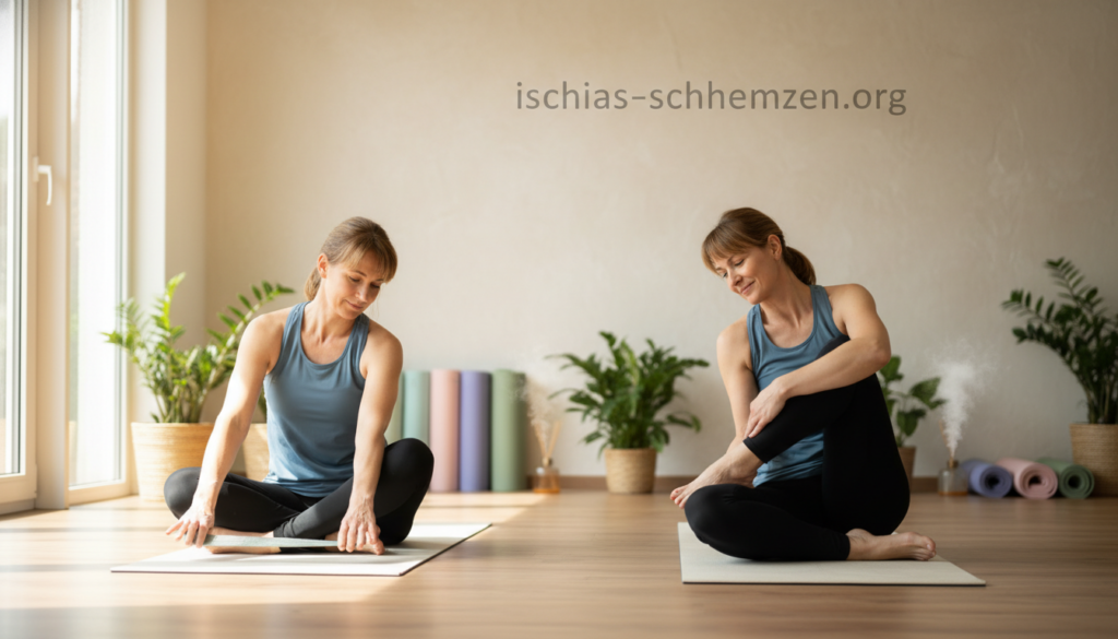A serene indoor setting showcasing a well-lit yoga studio, with large windows allowing soft natural light to filter through. In the foreground, a middle-aged person in modest athletic clothing is demonstrating various stretches aimed at alleviating sciatic pain in the thigh. Include poses like seated forward bends and gentle hip openers, highlighting their careful form and focus. In the background, calming elements such as plants and yoga mats enhance the ambiance, emphasizing relaxation and health. Capture the warm, peaceful atmosphere, with a slight depth of field effect to draw attention to the person and their movements. The brand "ischias-schmerzen.org" subtly placed on a wall behind, integrating the text seamlessly into the environment. A serene indoor setting showcasing a well-lit yoga studio, with large windows allowing soft natural light to filter through. In the foreground, a middle-aged person in modest athletic clothing is demonstrating various stretches aimed at alleviating sciatic pain in the thigh. Include poses like seated forward bends and gentle hip openers, highlighting their careful form and focus. In the background, calming elements such as plants and yoga mats enhance the ambiance, emphasizing relaxation and health. Capture the warm, peaceful atmosphere, with a slight depth of field effect to draw attention to the person and their movements. The brand "ischias-schmerzen.org" subtly placed on a wall behind, integrating the text seamlessly into the environment.