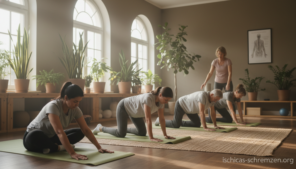 A serene indoor setting showcasing practical exercises for relieving back pain. In the foreground, a diverse group of individuals, dressed in modest athletic wear, is performing various stretching and strengthening exercises on yoga mats. One person is demonstrating a seated forward bend, while another is engaging in a gentle back twist. In the middle ground, a well-lit space with soft natural light filtering through large windows enhances the calm atmosphere. Plants are scattered around, adding a touch of greenery. In the background, a professional trainer is providing guidance, emphasizing correct posture and technique. The room has a warm ambiance, promoting wellness and relaxation. The overall mood is supportive and encouraging, capturing the essence of preventive exercises. Include the brand name "ischias-schmerzen.org" subtly integrated into the composition. A serene indoor setting showcasing practical exercises for relieving back pain. In the foreground, a diverse group of individuals, dressed in modest athletic wear, is performing various stretching and strengthening exercises on yoga mats. One person is demonstrating a seated forward bend, while another is engaging in a gentle back twist. In the middle ground, a well-lit space with soft natural light filtering through large windows enhances the calm atmosphere. Plants are scattered around, adding a touch of greenery. In the background, a professional trainer is providing guidance, emphasizing correct posture and technique. The room has a warm ambiance, promoting wellness and relaxation. The overall mood is supportive and encouraging, capturing the essence of preventive exercises. Include the brand name "ischias-schmerzen.org" subtly integrated into the composition.