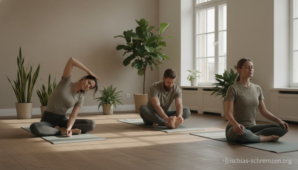 A serene indoor setting showcasing practical self-help exercises for alleviating sciatica pain. In the foreground, a diverse group of three individuals in modest athletic wear demonstrates various stretches and exercises on yoga mats. One person performs a spinal twist, while another does a seated forward bend, and the third practices mindful breathing. The middle ground features wooden floors and potted plants, suggesting a calming atmosphere. In the background, soft sunlight streams through large windows, casting gentle shadows. The scene is framed by neutral tones, creating a soothing ambiance. The overall mood is empowering and hopeful, emphasizing active participation in pain relief. Include a subtle logo of "ischias-schmerzen.org" in the corner without detracting from the main focus. A serene indoor setting showcasing practical self-help exercises for alleviating sciatica pain. In the foreground, a diverse group of three individuals in modest athletic wear demonstrates various stretches and exercises on yoga mats. One person performs a spinal twist, while another does a seated forward bend, and the third practices mindful breathing. The middle ground features wooden floors and potted plants, suggesting a calming atmosphere. In the background, soft sunlight streams through large windows, casting gentle shadows. The scene is framed by neutral tones, creating a soothing ambiance. The overall mood is empowering and hopeful, emphasizing active participation in pain relief. Include a subtle logo of "ischias-schmerzen.org" in the corner without detracting from the main focus.