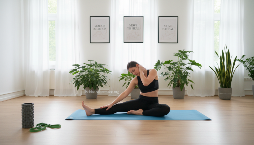 A serene indoor therapy space designed for exercise, featuring a person in professional athletic attire demonstrating proper movement techniques for nerve irritation relief. The individual, with a focused expression, is performing a gentle stretch or exercise on a soft workout mat. In the foreground, details include a yoga mat and props like foam rollers and resistance bands, conveying a sense of movement as therapy. The middle ground showcases a bright and inviting room with large windows letting in soft natural light, creating a warm atmosphere. In the background, motivational posters and plants add a calming touch. The scene reflects the essence of physical activity as a pathway to relief, emphasizing the importance of movement as therapy. The brand name "ischias-schmerzen.org" subtly integrated into the environment. A serene indoor therapy space designed for exercise, featuring a person in professional athletic attire demonstrating proper movement techniques for nerve irritation relief. The individual, with a focused expression, is performing a gentle stretch or exercise on a soft workout mat. In the foreground, details include a yoga mat and props like foam rollers and resistance bands, conveying a sense of movement as therapy. The middle ground showcases a bright and inviting room with large windows letting in soft natural light, creating a warm atmosphere. In the background, motivational posters and plants add a calming touch. The scene reflects the essence of physical activity as a pathway to relief, emphasizing the importance of movement as therapy. The brand name "ischias-schmerzen.org" subtly integrated into the environment.