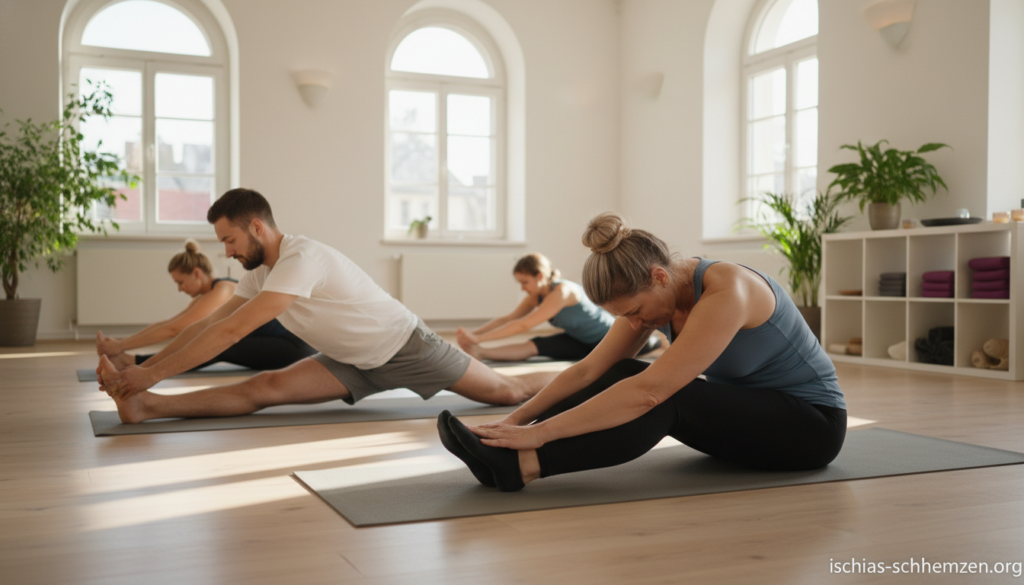 A serene indoor yoga studio setting, focusing on a diverse group of four individuals engaged in specific hip and glute stretching exercises aimed at alleviating sciatic pain. In the foreground, a middle-aged woman in modest athletic wear performs a seated forward fold, while to her left, a young man demonstrates a pigeon pose. In the background, a gentle sunlight streams through large windows, casting a warm glow and creating a calm, inviting atmosphere. Soft wooden flooring and minimalistic decor enhance the tranquility of the scene. The image captures the essence of health and wellness, conveying a mood of relief and empowerment. Include subtle branding for "ischias-schmerzen.org" in the corner, ensuring it does not distract from the main focus. A serene indoor yoga studio setting, focusing on a diverse group of four individuals engaged in specific hip and glute stretching exercises aimed at alleviating sciatic pain. In the foreground, a middle-aged woman in modest athletic wear performs a seated forward fold, while to her left, a young man demonstrates a pigeon pose. In the background, a gentle sunlight streams through large windows, casting a warm glow and creating a calm, inviting atmosphere. Soft wooden flooring and minimalistic decor enhance the tranquility of the scene. The image captures the essence of health and wellness, conveying a mood of relief and empowerment. Include subtle branding for "ischias-schmerzen.org" in the corner, ensuring it does not distract from the main focus.