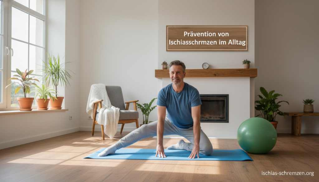 A serene living room setting promoting "Prävention von Ischiasschmerzen im Alltag" with a middle-aged man in modest casual clothing demonstrating targeted stretching exercises. In the foreground, include a yoga mat and a balance ball, symbolizing physical wellness. The man, focused and relaxed, has a gentle smile indicating ease and comfort. In the background, natural light filters in through a large window, casting soft shadows and illuminating houseplants that add a calm ambiance. Utilize a wide-angle lens to capture the room's inviting atmosphere while emphasizing the importance of a healthy and active lifestyle. The scene exudes a sense of tranquility and balance, aligning with the message of prevention of sciatica pain. Include subtle branding for "ischias-schmerzen.org" in an unobtrusive manner. A serene living room setting promoting "Prävention von Ischiasschmerzen im Alltag" with a middle-aged man in modest casual clothing demonstrating targeted stretching exercises. In the foreground, include a yoga mat and a balance ball, symbolizing physical wellness. The man, focused and relaxed, has a gentle smile indicating ease and comfort. In the background, natural light filters in through a large window, casting soft shadows and illuminating houseplants that add a calm ambiance. Utilize a wide-angle lens to capture the room's inviting atmosphere while emphasizing the importance of a healthy and active lifestyle. The scene exudes a sense of tranquility and balance, aligning with the message of prevention of sciatica pain. Include subtle branding for "ischias-schmerzen.org" in an unobtrusive manner.