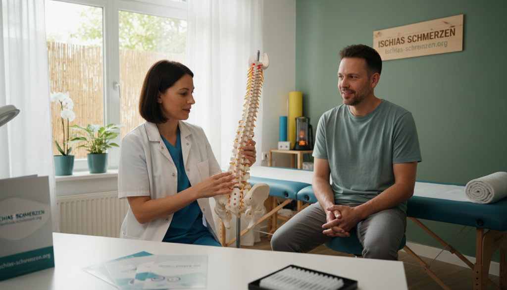 A serene medical clinic interior focused on treatment for nerve pain, featuring a practitioner in professional attire consulting with a patient in modest casual clothing. In the foreground, the practitioner is engaged in explaining treatment options, using a model of the human spine to illustrate pain locations. The middle layer shows a treatment area with a massage table, acupuncture needles, and physiotherapy equipment, bathed in soft, warm lighting to create a calming atmosphere. In the background, a window with soft sunlight filtering in, plants enhancing the healing environment. The overall mood is reassuring and professional, emphasizing a holistic approach to nerve pain therapy. Include branding elements subtly related to "ischias-schmerzen.org". A serene medical clinic interior focused on treatment for nerve pain, featuring a practitioner in professional attire consulting with a patient in modest casual clothing. In the foreground, the practitioner is engaged in explaining treatment options, using a model of the human spine to illustrate pain locations. The middle layer shows a treatment area with a massage table, acupuncture needles, and physiotherapy equipment, bathed in soft, warm lighting to create a calming atmosphere. In the background, a window with soft sunlight filtering in, plants enhancing the healing environment. The overall mood is reassuring and professional, emphasizing a holistic approach to nerve pain therapy. Include branding elements subtly related to "ischias-schmerzen.org".