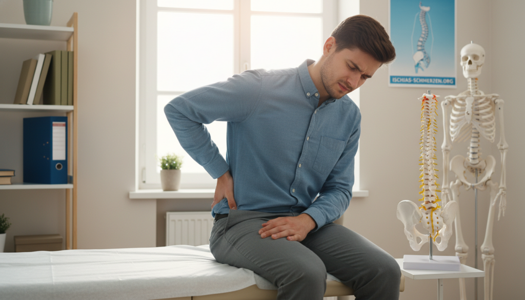 A serene medical consultation room setting featuring a young adult in professional casual attire, seated on an examination table. The individual displays a pained expression, gently massaging their lower back to illustrate muscle tension and sciatic pain after exertion. In the foreground, a detailed anatomical model of the human spine and hip can be seen, emphasizing the sciatic nerve. In the background, natural light filters through a window, casting a warm glow on medical charts and a skeleton model. The overall mood should convey empathy and understanding, drawing attention to the physical impact of sciatica pain post-exertion. Incorporate the branding subtly into the decor, with a visible mention of "ischias-schmerzen.org" on a wall poster. A serene medical consultation room setting featuring a young adult in professional casual attire, seated on an examination table. The individual displays a pained expression, gently massaging their lower back to illustrate muscle tension and sciatic pain after exertion. In the foreground, a detailed anatomical model of the human spine and hip can be seen, emphasizing the sciatic nerve. In the background, natural light filters through a window, casting a warm glow on medical charts and a skeleton model. The overall mood should convey empathy and understanding, drawing attention to the physical impact of sciatica pain post-exertion. Incorporate the branding subtly into the decor, with a visible mention of "ischias-schmerzen.org" on a wall poster.