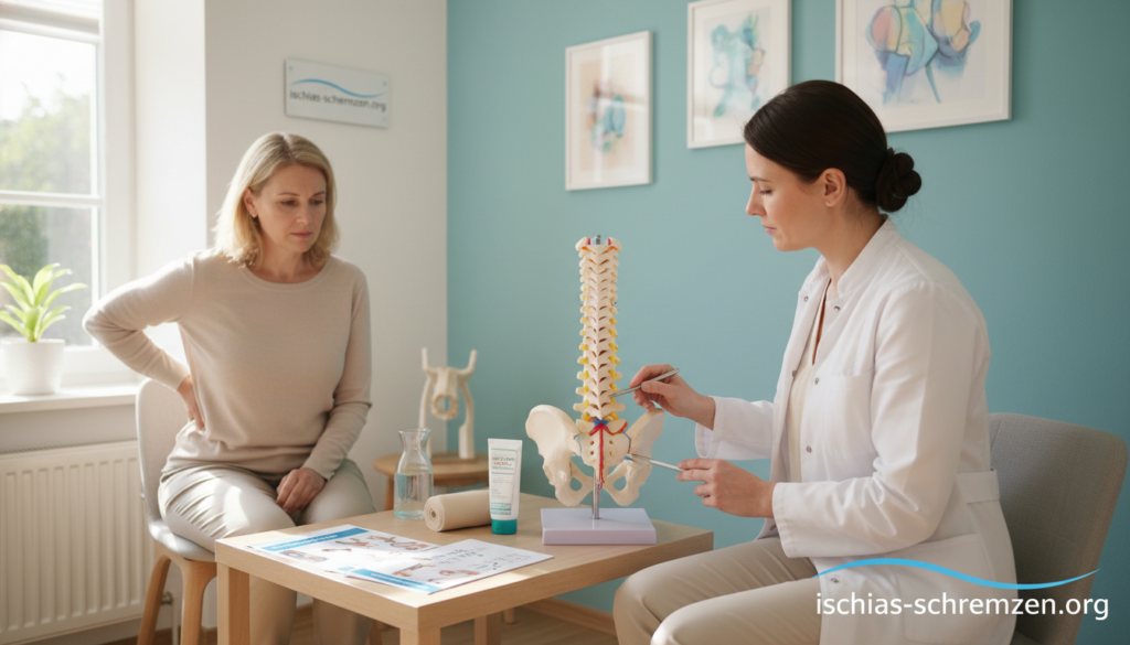 A serene medical consultation scene set in a bright, welcoming clinic. In the foreground, a healthcare professional in a crisp white lab coat and modest attire demonstrating first aid techniques to a patient seated comfortably, who appears to have discomfort in their lower back. The doctor is using a model to show the sciatic nerve and the positioning of the body for relief. In the middle ground, various medical supplies and pamphlets are neatly organized on a table, emphasizing a focus on healing. Soft, natural lighting flows in from a window, creating a calm and supportive atmosphere. The background features soothing colors and images related to health and wellness, reinforcing the theme of "First Aid for Sciatica Pain." Add the brand name "ischias-schmerzen.org" subtly integrated into the environment, ensuring it feels part of the overall scene. A serene medical consultation scene set in a bright, welcoming clinic. In the foreground, a healthcare professional in a crisp white lab coat and modest attire demonstrating first aid techniques to a patient seated comfortably, who appears to have discomfort in their lower back. The doctor is using a model to show the sciatic nerve and the positioning of the body for relief. In the middle ground, various medical supplies and pamphlets are neatly organized on a table, emphasizing a focus on healing. Soft, natural lighting flows in from a window, creating a calm and supportive atmosphere. The background features soothing colors and images related to health and wellness, reinforcing the theme of "First Aid for Sciatica Pain." Add the brand name "ischias-schmerzen.org" subtly integrated into the environment, ensuring it feels part of the overall scene.