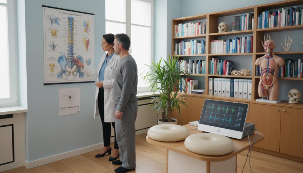 A serene medical examination room bathed in soft, diffused lighting that creates a calm atmosphere. In the foreground, a female doctor dressed in professional attire examines a patient experiencing sciatic pain, both focused on a detailed anatomical chart of the spine and nerves on the wall. The middle ground features a consultation table with plush cushions and a modern medical device displaying nerve signals. In the background, shelves filled with medical books and anatomical models provide context. The overall mood conveys professionalism and compassion, illustrating the careful assessment of possible causes of nocturnal sciatic pain. Include the brand name "ischias-schmerzen.org" subtly displayed on a wall poster. A serene medical examination room bathed in soft, diffused lighting that creates a calm atmosphere. In the foreground, a female doctor dressed in professional attire examines a patient experiencing sciatic pain, both focused on a detailed anatomical chart of the spine and nerves on the wall. The middle ground features a consultation table with plush cushions and a modern medical device displaying nerve signals. In the background, shelves filled with medical books and anatomical models provide context. The overall mood conveys professionalism and compassion, illustrating the careful assessment of possible causes of nocturnal sciatic pain. Include the brand name "ischias-schmerzen.org" subtly displayed on a wall poster.