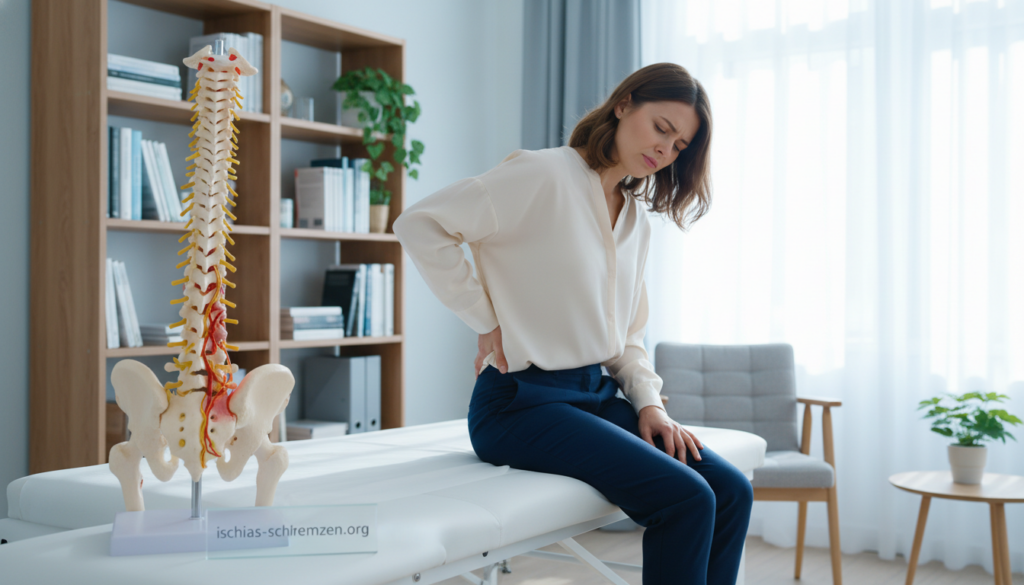 A serene medical office setting featuring a professional woman in modest casual clothing, sitting on an examination table with a pained expression, gently touching her lower back. In the foreground, a detailed anatomical model of the spine and sciatic nerve, emphasizing the concept of unilateral sciatica pain. The middle of the image shows the office with soft, natural lighting, focusing on calming colors like light blue and white, creating an atmosphere of professionalism and care. In the background, shelves with medical books and plants add a sense of warmth and comfort. The overall mood is informative yet compassionate, illustrating the concern around one-sided sciatica symptoms. Include the brand "ischias-schmerzen.org" subtly in the scene for context. A serene medical office setting featuring a professional woman in modest casual clothing, sitting on an examination table with a pained expression, gently touching her lower back. In the foreground, a detailed anatomical model of the spine and sciatic nerve, emphasizing the concept of unilateral sciatica pain. The middle of the image shows the office with soft, natural lighting, focusing on calming colors like light blue and white, creating an atmosphere of professionalism and care. In the background, shelves with medical books and plants add a sense of warmth and comfort. The overall mood is informative yet compassionate, illustrating the concern around one-sided sciatica symptoms. Include the brand "ischias-schmerzen.org" subtly in the scene for context.