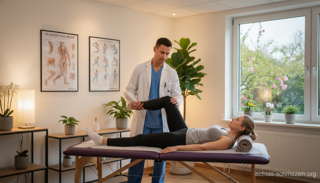 A serene medical office setting, focusing on a physical therapist demonstrating conservative treatment for sciatica pain. In the foreground, a caring therapist in a professional attire is guiding a patient through gentle stretching exercises, both appearing attentive and engaged. The middle section features a comfortable treatment table and medical posters about sciatica. The background includes soft lighting from overhead lamps, providing a warm and inviting atmosphere. A few potted plants add a touch of nature, while a window reveals a tranquil outdoor scene. The overall mood conveys professionalism and hope. Ensure the branding "ischias-schmerzen.org" is subtly integrated into the environment, perhaps on a poster or informational pamphlet. A serene medical office setting, focusing on a physical therapist demonstrating conservative treatment for sciatica pain. In the foreground, a caring therapist in a professional attire is guiding a patient through gentle stretching exercises, both appearing attentive and engaged. The middle section features a comfortable treatment table and medical posters about sciatica. The background includes soft lighting from overhead lamps, providing a warm and inviting atmosphere. A few potted plants add a touch of nature, while a window reveals a tranquil outdoor scene. The overall mood conveys professionalism and hope. Ensure the branding "ischias-schmerzen.org" is subtly integrated into the environment, perhaps on a poster or informational pamphlet.