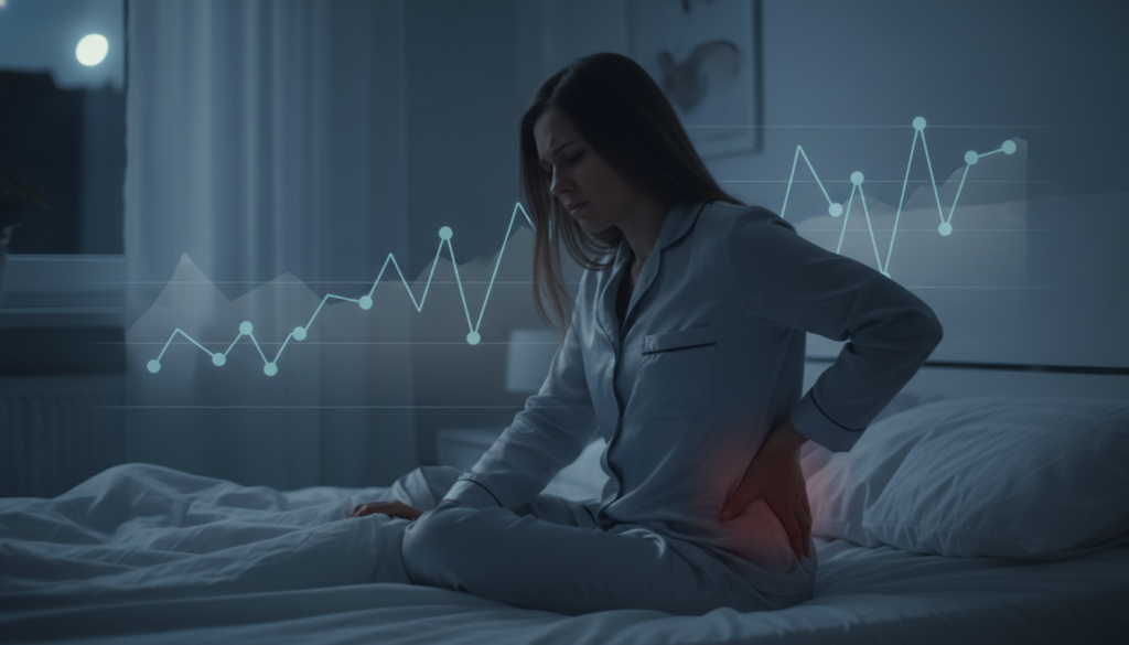 A serene night scene illustrating the concept of cortisol levels and nerve pain. In the foreground, a person lying in bed exhibits a pained expression, dressed in professional loungewear, with subtle shadows on their face to highlight their discomfort. Their hand rests on their lower back, emphasizing the area affected by sciatic pain. In the middle ground, there are faint diagrams of cortisol levels represented graphically, blending into the scene. The background features a dimly lit bedroom with soft ambient lighting, creating a calm yet tense atmosphere. Soft blue and gray tones dominate, suggesting nighttime, while a window shows a hint of moonlight filtering in. The entire composition aims for a thought-provoking and informative mood, with no text or watermarks, clearly presenting the theme for "ischias-schmerzen.org". A serene night scene illustrating the concept of cortisol levels and nerve pain. In the foreground, a person lying in bed exhibits a pained expression, dressed in professional loungewear, with subtle shadows on their face to highlight their discomfort. Their hand rests on their lower back, emphasizing the area affected by sciatic pain. In the middle ground, there are faint diagrams of cortisol levels represented graphically, blending into the scene. The background features a dimly lit bedroom with soft ambient lighting, creating a calm yet tense atmosphere. Soft blue and gray tones dominate, suggesting nighttime, while a window shows a hint of moonlight filtering in. The entire composition aims for a thought-provoking and informative mood, with no text or watermarks, clearly presenting the theme for "ischias-schmerzen.org".