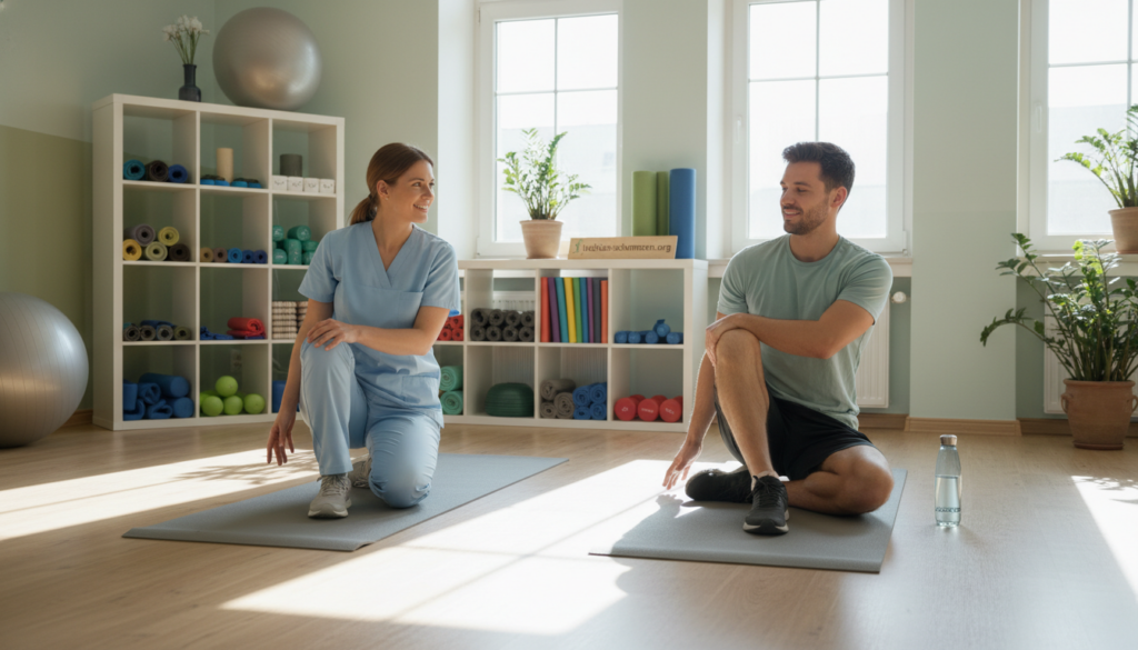 A serene physiotherapy clinic setting, showcasing a professional therapist guiding a client through back and hip pain relief exercises. In the foreground, the therapist, wearing modest professional attire, demonstrates a stretching exercise on a yoga mat, while the client, in comfortable activewear, follows along. In the middle ground, various exercise equipment like resistance bands and foam rollers are neatly arranged, emphasizing rehabilitation tools. The background features calming colors with soft natural light streaming through large windows, creating a warm and inviting atmosphere. The focus is on the connection between the therapist and client, reflecting a supportive environment for conservative treatment options. The branding "ischias-schmerzen.org" subtly integrated within the scene, enhancing the professional feel without dominating the image. A serene physiotherapy clinic setting, showcasing a professional therapist guiding a client through back and hip pain relief exercises. In the foreground, the therapist, wearing modest professional attire, demonstrates a stretching exercise on a yoga mat, while the client, in comfortable activewear, follows along. In the middle ground, various exercise equipment like resistance bands and foam rollers are neatly arranged, emphasizing rehabilitation tools. The background features calming colors with soft natural light streaming through large windows, creating a warm and inviting atmosphere. The focus is on the connection between the therapist and client, reflecting a supportive environment for conservative treatment options. The branding "ischias-schmerzen.org" subtly integrated within the scene, enhancing the professional feel without dominating the image.