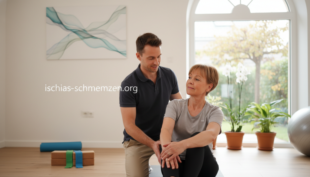 A serene physiotherapy session focused on conservative treatment for sciatica. In the foreground, a healthcare professional in smart casual attire gently guides a patient through a stretching exercise on a yoga mat, demonstrating proper alignment. The patient, a middle-aged individual, is dressed in comfortable athletic wear and appears engaged and relaxed. In the middle ground, various physiotherapy equipment like resistance bands and yoga blocks can be seen. The background showcases a calming clinic environment with soft lighting filtering through a large window, greenery visible outside, contributing to a tranquil atmosphere. The overall mood is professional yet inviting, emphasizing the importance of supportive treatment for sciatica. The brand name "ischias-schmerzen.org" is subtly incorporated into the design of the clinic’s wall art. A serene physiotherapy session focused on conservative treatment for sciatica. In the foreground, a healthcare professional in smart casual attire gently guides a patient through a stretching exercise on a yoga mat, demonstrating proper alignment. The patient, a middle-aged individual, is dressed in comfortable athletic wear and appears engaged and relaxed. In the middle ground, various physiotherapy equipment like resistance bands and yoga blocks can be seen. The background showcases a calming clinic environment with soft lighting filtering through a large window, greenery visible outside, contributing to a tranquil atmosphere. The overall mood is professional yet inviting, emphasizing the importance of supportive treatment for sciatica. The brand name "ischias-schmerzen.org" is subtly incorporated into the design of the clinic’s wall art.