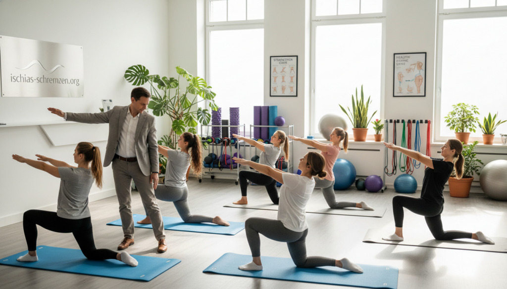 A serene, professional setting in a bright, airy physical therapy clinic focused on long-term prevention of sciatica pain. In the foreground, a healthcare professional in business attire demonstrates exercises to a diverse group of patients dressed in modest casual clothing, emphasizing their engagement and participation. The middle ground features exercise mats and preventative tools like foam rollers and resistance bands, laid out neatly. The background shows large windows with natural light flooding the room, potted plants adding a touch of warmth, and motivational posters about posture and spinal health. The atmosphere is supportive and encouraging, promoting a sense of community and proactive health management. The brand "ischias-schmerzen.org" subtly integrated into the environment, perhaps as part of a wall graphic, enhancing the professional tone without distracting from the main subjects. A serene, professional setting in a bright, airy physical therapy clinic focused on long-term prevention of sciatica pain. In the foreground, a healthcare professional in business attire demonstrates exercises to a diverse group of patients dressed in modest casual clothing, emphasizing their engagement and participation. The middle ground features exercise mats and preventative tools like foam rollers and resistance bands, laid out neatly. The background shows large windows with natural light flooding the room, potted plants adding a touch of warmth, and motivational posters about posture and spinal health. The atmosphere is supportive and encouraging, promoting a sense of community and proactive health management. The brand "ischias-schmerzen.org" subtly integrated into the environment, perhaps as part of a wall graphic, enhancing the professional tone without distracting from the main subjects.