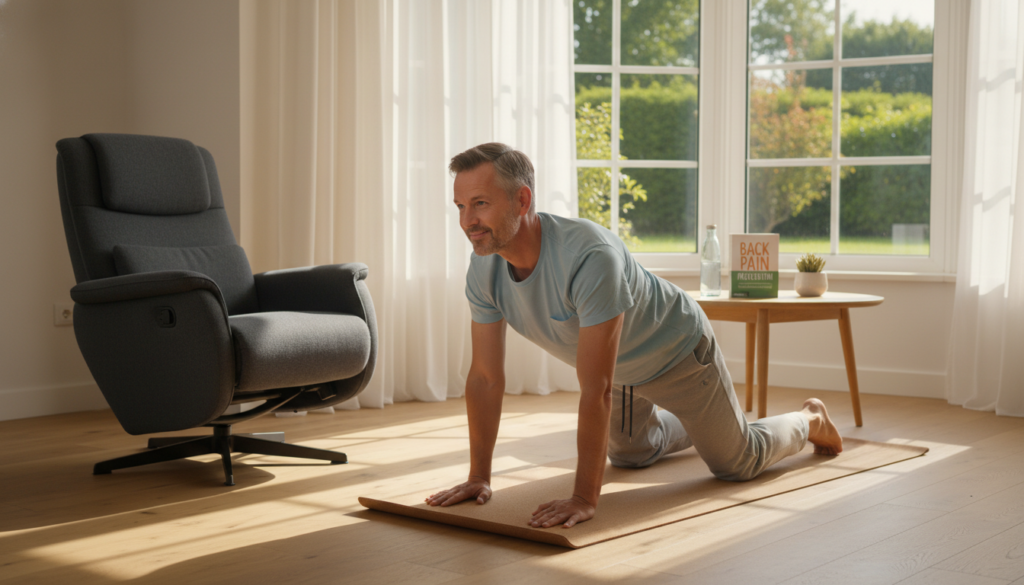 A serene, supportive home environment for back pain prevention, featuring a well-lit living room with a comfortable ergonomic chair and a yoga mat. In the foreground, a middle-aged man in modest casual clothing demonstrates a gentle stretching exercise, emphasizing good posture. In the middle, a coffee table is adorned with a water bottle, a health book titled "Back Pain Prevention," and a small potted plant for a calming touch. In the background, a sunny window allows natural light to filter in, creating a warm atmosphere. The overall mood is peaceful and encouraging, symbolizing wellness and proactive health. The branding "ischias-schmerzen.org" is subtly integrated into the environment, perhaps on the health book cover. A serene, supportive home environment for back pain prevention, featuring a well-lit living room with a comfortable ergonomic chair and a yoga mat. In the foreground, a middle-aged man in modest casual clothing demonstrates a gentle stretching exercise, emphasizing good posture. In the middle, a coffee table is adorned with a water bottle, a health book titled "Back Pain Prevention," and a small potted plant for a calming touch. In the background, a sunny window allows natural light to filter in, creating a warm atmosphere. The overall mood is peaceful and encouraging, symbolizing wellness and proactive health. The branding "ischias-schmerzen.org" is subtly integrated into the environment, perhaps on the health book cover.