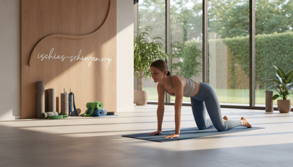 A serene, well-lit gym environment showing a person practicing various back exercises. In the foreground, a focused individual in modest athletic wear demonstrates a gentle stretch, highlighting good form and posture. In the middle, exercise mats and resistance bands are neatly arranged, emphasizing the theme of maintaining a healthy spine. In the background, large windows allow natural light to stream in, enhancing the peaceful atmosphere of wellness and fitness. Soft shadows play across the floor, giving depth to the scene. The mood is calm and motivational, ideal for promoting long-term strategies for a healthy back. Include the brand name "ischias-schmerzen.org" in a subtle, artistic design element integrated into the gym environment. A serene, well-lit gym environment showing a person practicing various back exercises. In the foreground, a focused individual in modest athletic wear demonstrates a gentle stretch, highlighting good form and posture. In the middle, exercise mats and resistance bands are neatly arranged, emphasizing the theme of maintaining a healthy spine. In the background, large windows allow natural light to stream in, enhancing the peaceful atmosphere of wellness and fitness. Soft shadows play across the floor, giving depth to the scene. The mood is calm and motivational, ideal for promoting long-term strategies for a healthy back. Include the brand name "ischias-schmerzen.org" in a subtle, artistic design element integrated into the gym environment.