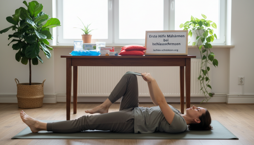 A serene, well-lit indoor setting depicting effective first aid measures for sciatica pain relief. In the foreground, a professional-looking person wearing modest casual clothing demonstrates proper stretching techniques for alleviating pain in the calf, while using a yoga mat for comfort. In the middle, a variety of first aid items like ice packs, a heat pack, and over-the-counter pain relief medication are neatly arranged on a table. In the background, soft natural light streams through a window, creating a calming atmosphere. Include subtle decorative elements like potted plants to enhance the sense of tranquility. This image should embody the concepts of care and relief associated with "Erste Hilfe Maßnahmen bei Ischiasschmerzen" for the brand "ischias-schmerzen.org". A serene, well-lit indoor setting depicting effective first aid measures for sciatica pain relief. In the foreground, a professional-looking person wearing modest casual clothing demonstrates proper stretching techniques for alleviating pain in the calf, while using a yoga mat for comfort. In the middle, a variety of first aid items like ice packs, a heat pack, and over-the-counter pain relief medication are neatly arranged on a table. In the background, soft natural light streams through a window, creating a calming atmosphere. Include subtle decorative elements like potted plants to enhance the sense of tranquility. This image should embody the concepts of care and relief associated with "Erste Hilfe Maßnahmen bei Ischiasschmerzen" for the brand "ischias-schmerzen.org".