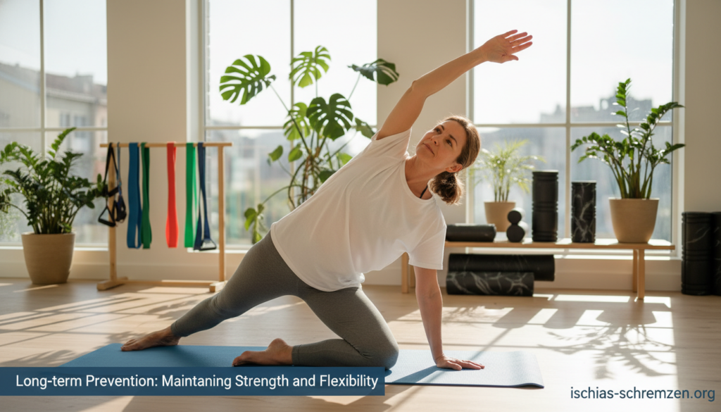 A serene wellness studio designed for physical therapy, featuring a middle-aged professional in modest athletic wear demonstrating a gentle stretching exercise on a yoga mat. In the foreground, focus on the subject's engaged expression as they perform a side stretch, promoting flexibility. The middle ground showcases exercise equipment like resistance bands and foam rollers, symbolizing strength training, subtly arranged to convey a sense of organized activity. The background features warm, natural light filtering through large windows, creating a calming atmosphere with green plants enhancing the tranquility. Soft shadows play across the light wooden floor, setting a peaceful mood for the scene. The image is designed to reflect the theme of "Long-term Prevention: Maintaining Strength and Flexibility," associated with the brand "ischias-schmerzen.org." A serene wellness studio designed for physical therapy, featuring a middle-aged professional in modest athletic wear demonstrating a gentle stretching exercise on a yoga mat. In the foreground, focus on the subject's engaged expression as they perform a side stretch, promoting flexibility. The middle ground showcases exercise equipment like resistance bands and foam rollers, symbolizing strength training, subtly arranged to convey a sense of organized activity. The background features warm, natural light filtering through large windows, creating a calming atmosphere with green plants enhancing the tranquility. Soft shadows play across the light wooden floor, setting a peaceful mood for the scene. The image is designed to reflect the theme of "Long-term Prevention: Maintaining Strength and Flexibility," associated with the brand "ischias-schmerzen.org."