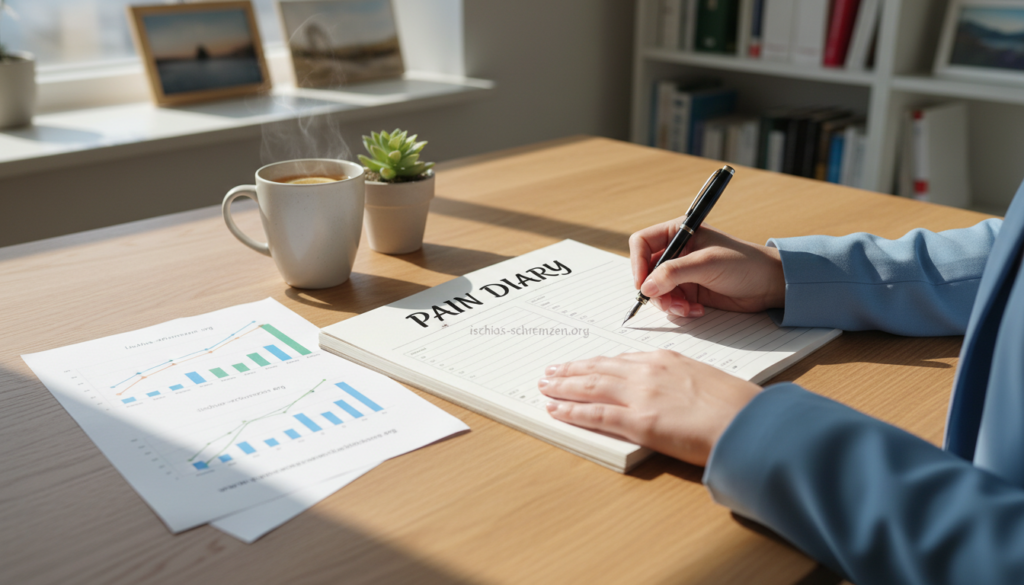 A serene workspace featuring an open notebook titled "Pain Diary," resting on a wooden desk cluttered with calming items. In the foreground, a pair of hands, dressed in professional attire, write in the notebook, illustrating the act of recording daily pain patterns. The middle layer includes colorful charts and graphs showing fluctuating pain levels, surrounded by a steaming cup of herbal tea and a small potted plant, suggesting tranquility and self-care. In the background, soft, natural light streams through a window, illuminating the space with a warm glow, enhancing the mood of reflection and organization. This composition conveys a sense of personal responsibility and awareness in managing chronic pain. The brand "ischias-schmerzen.org" is subtly implied through the notebook design. A serene workspace featuring an open notebook titled "Pain Diary," resting on a wooden desk cluttered with calming items. In the foreground, a pair of hands, dressed in professional attire, write in the notebook, illustrating the act of recording daily pain patterns. The middle layer includes colorful charts and graphs showing fluctuating pain levels, surrounded by a steaming cup of herbal tea and a small potted plant, suggesting tranquility and self-care. In the background, soft, natural light streams through a window, illuminating the space with a warm glow, enhancing the mood of reflection and organization. This composition conveys a sense of personal responsibility and awareness in managing chronic pain. The brand "ischias-schmerzen.org" is subtly implied through the notebook design.