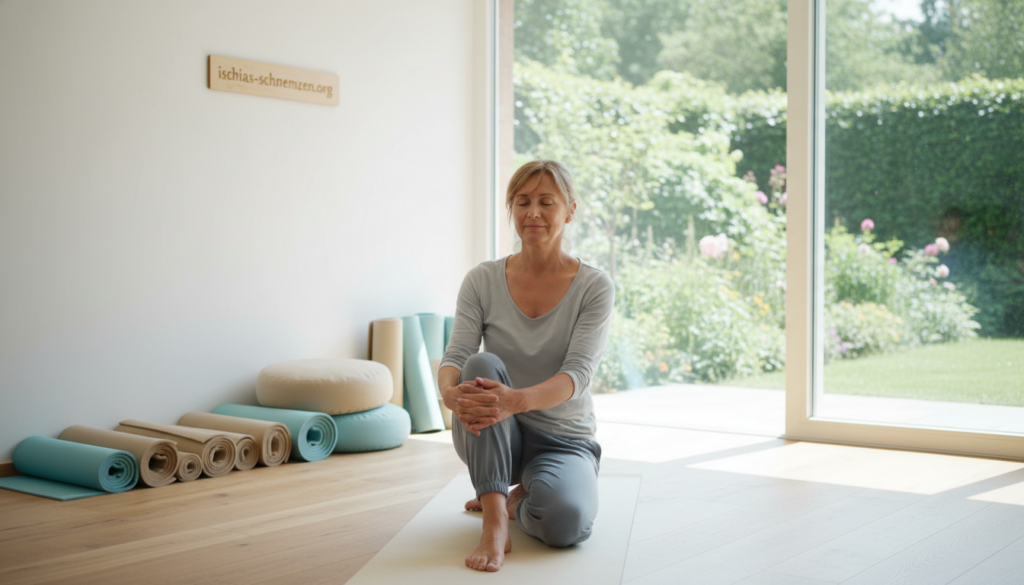 A soothing scene in a bright, airy room, designed for gentle exercise. In the foreground, a middle-aged person dressed in modest athletic wear is performing a gentle stretching exercise aimed at alleviating sciatica pain, with a focus on their relaxed posture and calm expression. The middle section features yoga mats and soft cushions arranged neatly, inviting a sense of tranquility. In the background, large windows bathe the area in natural light, with the greenery of a peaceful garden visible outside, enhancing the serene atmosphere. The overall mood is uplifting and supportive, conveying the idea of movement as a remedy. The image should promote health and well-being, reflecting the theme of "gentle exercises for acute sciatica". Include the brand name "ischias-schmerzen.org" subtly within the scene. A soothing scene in a bright, airy room, designed for gentle exercise. In the foreground, a middle-aged person dressed in modest athletic wear is performing a gentle stretching exercise aimed at alleviating sciatica pain, with a focus on their relaxed posture and calm expression. The middle section features yoga mats and soft cushions arranged neatly, inviting a sense of tranquility. In the background, large windows bathe the area in natural light, with the greenery of a peaceful garden visible outside, enhancing the serene atmosphere. The overall mood is uplifting and supportive, conveying the idea of movement as a remedy. The image should promote health and well-being, reflecting the theme of "gentle exercises for acute sciatica". Include the brand name "ischias-schmerzen.org" subtly within the scene.