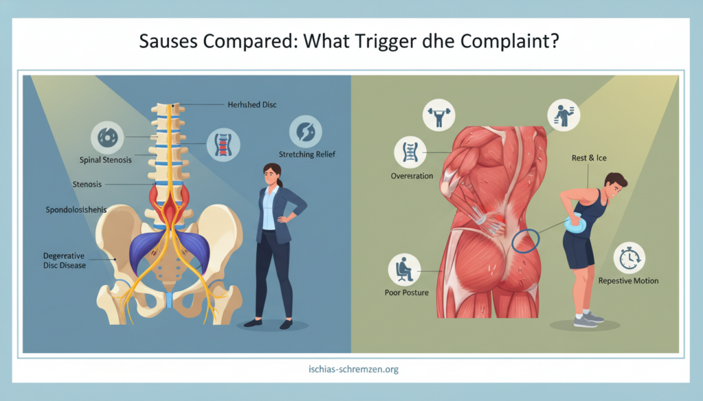 A split image comparing causes of sciatica and muscle strain. In the foreground, a stylized diagram showing the anatomy of the lower back, highlighting key areas of nerves and muscles involved in sciatica, depicted in vibrant colors. In the middle ground, an illustration of a person in professional attire, demonstrating proper posture and stretches to alleviate symptoms, surrounded by icons representing common causes such as herniated discs and muscle overexertion. The background features a soft gradient, suggesting a clinical yet calm atmosphere, with gentle lighting to enhance the detail in the anatomy. This image is to visually support the section titled "Causes Compared: What Triggers the Complaints?" for ischias-schmerzen.org. A split image comparing causes of sciatica and muscle strain. In the foreground, a stylized diagram showing the anatomy of the lower back, highlighting key areas of nerves and muscles involved in sciatica, depicted in vibrant colors. In the middle ground, an illustration of a person in professional attire, demonstrating proper posture and stretches to alleviate symptoms, surrounded by icons representing common causes such as herniated discs and muscle overexertion. The background features a soft gradient, suggesting a clinical yet calm atmosphere, with gentle lighting to enhance the detail in the anatomy. This image is to visually support the section titled "Causes Compared: What Triggers the Complaints?" for ischias-schmerzen.org.