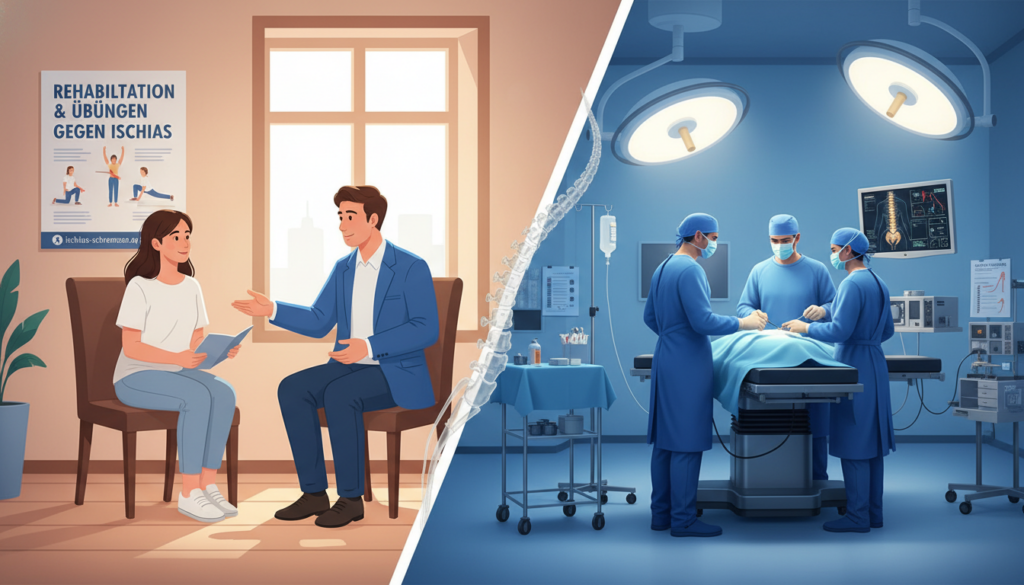 A split-scene illustration contrasting conservative treatment and surgery for sciatic pain. On the left side, a doctor in professional attire explains treatment options to a patient seated in a cozy, well-lit clinic, showcasing a poster about exercises and rehabilitation. The mood is hopeful and supportive. On the right side, a sterile operating room is depicted, with a surgical team in scrubs preparing for an operation, emphasizing a sense of urgency and professionalism. The background shows medical charts and anatomy diagrams related to the spine and sciatic nerve. The lighting is bright and clinical on the surgery side, while softer, warmer tones are present in the treatment area. The image should embody professionalism and clarity, with the brand name "ischias-schmerzen.org" subtly integrated into the clinic scene. A split-scene illustration contrasting conservative treatment and surgery for sciatic pain. On the left side, a doctor in professional attire explains treatment options to a patient seated in a cozy, well-lit clinic, showcasing a poster about exercises and rehabilitation. The mood is hopeful and supportive. On the right side, a sterile operating room is depicted, with a surgical team in scrubs preparing for an operation, emphasizing a sense of urgency and professionalism. The background shows medical charts and anatomy diagrams related to the spine and sciatic nerve. The lighting is bright and clinical on the surgery side, while softer, warmer tones are present in the treatment area. The image should embody professionalism and clarity, with the brand name "ischias-schmerzen.org" subtly integrated into the clinic scene.