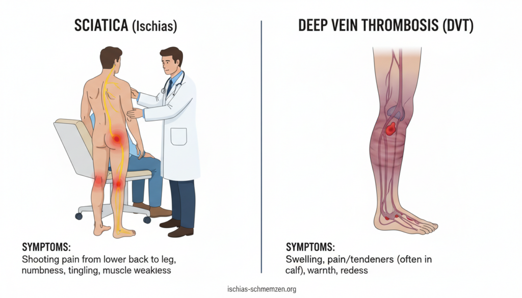 A split-scene illustration depicting the critical differences between sciatica and deep vein thrombosis symptoms. In the foreground, a professional healthcare provider, dressed in a white lab coat, is examining a patient. The patient is sitting in a clinical setting, looking concerned, with the doctor's hand gently placed on their knee for comfort. In the middle ground, two contrasting visuals side-by-side: on the left, an anatomical illustration showing the sciatic nerve with highlighted areas of pain; on the right, a diagram of a leg with highlighted symptoms of thrombosis. The background features a calm, sterile medical environment with soft, diffused lighting creating an informative and serious atmosphere. This image is crafted for use in a health-oriented article associated with "ischias-schmerzen.org". A split-scene illustration depicting the critical differences between sciatica and deep vein thrombosis symptoms. In the foreground, a professional healthcare provider, dressed in a white lab coat, is examining a patient. The patient is sitting in a clinical setting, looking concerned, with the doctor's hand gently placed on their knee for comfort. In the middle ground, two contrasting visuals side-by-side: on the left, an anatomical illustration showing the sciatic nerve with highlighted areas of pain; on the right, a diagram of a leg with highlighted symptoms of thrombosis. The background features a calm, sterile medical environment with soft, diffused lighting creating an informative and serious atmosphere. This image is crafted for use in a health-oriented article associated with "ischias-schmerzen.org".