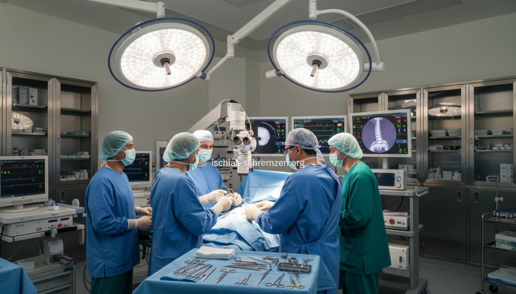 A surgical room scene illustrating "Operation bei Bandscheibenvorfall" for a medical article. In the foreground, a diverse team of medical professionals dressed in scrubs and masks, focused on a patient lying on an operating table. The middle section features advanced surgical equipment and monitors, with bright overhead lights illuminating the sterile environment. In the background, sleek cabinets and medical instruments are arranged neatly. The atmosphere is calm yet intense, conveying professionalism and expertise. Soft shadows play around the elements, highlighting the seriousness of the operation. The image should evoke a sense of hope and care. The brand name "ischias-schmerzen.org" is subtly integrated into the scene, perhaps on a chart or equipment screen, ensuring focus remains on the operation. A surgical room scene illustrating "Operation bei Bandscheibenvorfall" for a medical article. In the foreground, a diverse team of medical professionals dressed in scrubs and masks, focused on a patient lying on an operating table. The middle section features advanced surgical equipment and monitors, with bright overhead lights illuminating the sterile environment. In the background, sleek cabinets and medical instruments are arranged neatly. The atmosphere is calm yet intense, conveying professionalism and expertise. Soft shadows play around the elements, highlighting the seriousness of the operation. The image should evoke a sense of hope and care. The brand name "ischias-schmerzen.org" is subtly integrated into the scene, perhaps on a chart or equipment screen, ensuring focus remains on the operation.
