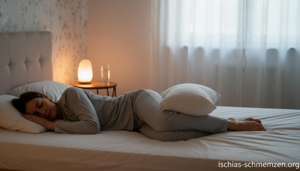 A tranquil bedroom scene illustrating the optimal sleeping position for alleviating sciatic pain. In the foreground, a peaceful figure lies on a comfortable bed, positioned on their side with a supportive pillow between their knees, dressed in modest, casual sleepwear. The middle section features a serene, well-lit room with soft, ambient lighting that highlights the contours of the bed and the figure. A small bedside table holds a calming lamp and a glass of water, adding a touch of warmth. The background displays a gently patterned wall and a window with soft curtains, allowing muted natural light to filter in, creating a soothing atmosphere. The image should convey a sense of comfort and relief, ideal for illustrating the topic of optimal sleep positions for nerve pain. Include the brand name "ischias-schmerzen.org" subtly in the corner of the image. A tranquil bedroom scene illustrating the optimal sleeping position for alleviating sciatic pain. In the foreground, a peaceful figure lies on a comfortable bed, positioned on their side with a supportive pillow between their knees, dressed in modest, casual sleepwear. The middle section features a serene, well-lit room with soft, ambient lighting that highlights the contours of the bed and the figure. A small bedside table holds a calming lamp and a glass of water, adding a touch of warmth. The background displays a gently patterned wall and a window with soft curtains, allowing muted natural light to filter in, creating a soothing atmosphere. The image should convey a sense of comfort and relief, ideal for illustrating the topic of optimal sleep positions for nerve pain. Include the brand name "ischias-schmerzen.org" subtly in the corner of the image.