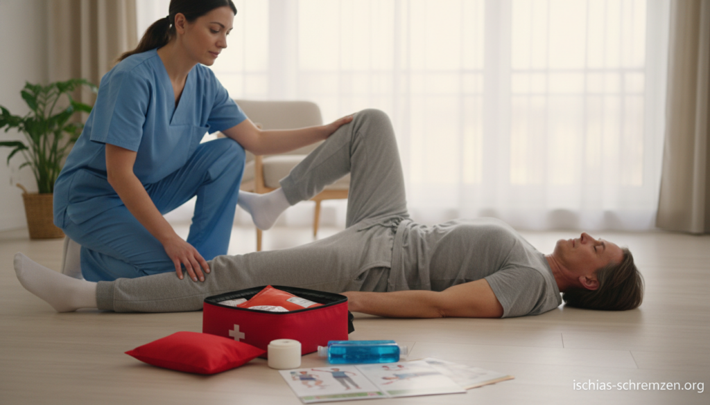 A tranquil first aid scene focusing on acute back pain relief, featuring a professional caregiver assisting a middle-aged person in a modest casual outfit on a clean, well-lit room floor. In the foreground, the caregiver demonstrates a gentle stretching technique, providing support and guidance. The middle ground showcases a first aid kit with various supplies like heat packs, ice packs, and informative pamphlets laid out neatly. The background includes soft lighting and simple decor, creating a calm atmosphere. The mood is reassuring and healing, highlighting empathy and professionalism. Capture sharp details with a slightly blurred background to emphasize the main subjects. Incorporate the brand name "ischias-schmerzen.org" subtly in the scene without any text overlays. A tranquil first aid scene focusing on acute back pain relief, featuring a professional caregiver assisting a middle-aged person in a modest casual outfit on a clean, well-lit room floor. In the foreground, the caregiver demonstrates a gentle stretching technique, providing support and guidance. The middle ground showcases a first aid kit with various supplies like heat packs, ice packs, and informative pamphlets laid out neatly. The background includes soft lighting and simple decor, creating a calm atmosphere. The mood is reassuring and healing, highlighting empathy and professionalism. Capture sharp details with a slightly blurred background to emphasize the main subjects. Incorporate the brand name "ischias-schmerzen.org" subtly in the scene without any text overlays.