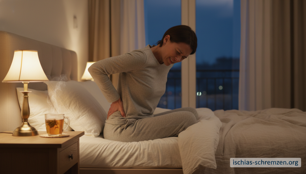 A tranquil nighttime scene depicting a peaceful bedroom environment focused on a person experiencing acute sciatica pain. In the foreground, a person wearing comfortable, modest casual clothing is sitting on the edge of the bed, gently massaging their lower back with a pained expression, conveying the discomfort associated with nighttime sciatica. Soft, warm lighting illuminates the room, highlighting the cozy texture of the bedding. In the middle ground, a nightstand holds soothing herbal tea and a small lamp casting a warm glow, enhancing the serene atmosphere. The background features a softly illuminated window with partial curtains, hinting at a calm night outside. The overall mood of the image is soothing yet realistic, capturing the essence of first aid measures for nighttime pain. Include subtle branding elements like "ischias-schmerzen.org" on the bedside in a non-intrusive manner. A tranquil nighttime scene depicting a peaceful bedroom environment focused on a person experiencing acute sciatica pain. In the foreground, a person wearing comfortable, modest casual clothing is sitting on the edge of the bed, gently massaging their lower back with a pained expression, conveying the discomfort associated with nighttime sciatica. Soft, warm lighting illuminates the room, highlighting the cozy texture of the bedding. In the middle ground, a nightstand holds soothing herbal tea and a small lamp casting a warm glow, enhancing the serene atmosphere. The background features a softly illuminated window with partial curtains, hinting at a calm night outside. The overall mood of the image is soothing yet realistic, capturing the essence of first aid measures for nighttime pain. Include subtle branding elements like "ischias-schmerzen.org" on the bedside in a non-intrusive manner.