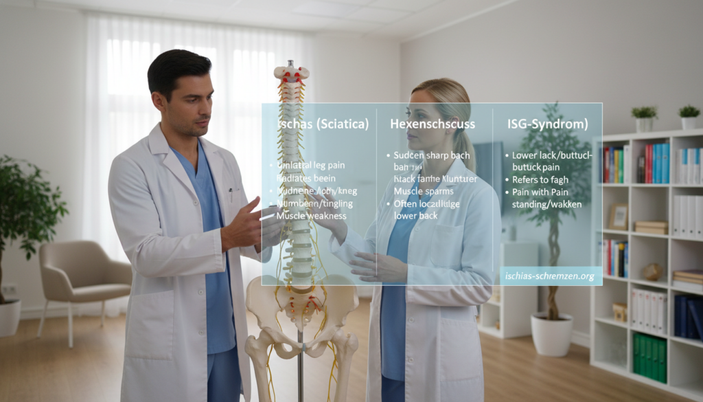 A visual representation illustrating the comparison between Ischias, Hexenschuss, and ISG-Syndrom related to unilateral sciatic pain. In the foreground, depict a male and female doctor in professional attire, engaged in a discussion over a large anatomical model of the spine and pelvis, highlighting nerve pathways. In the middle ground, include a chart displaying symptoms associated with each condition, subtly lit to emphasize the details. The background features a calm, well-lit clinic setting with soft ambient lighting, creating a serene and informative atmosphere. The overall mood is professional and educational, suitable for a medical article on ischial pain distinctions. Please integrate the brand name "ischias-schmerzen.org" subtly into the design without overt prominence. A visual representation illustrating the comparison between Ischias, Hexenschuss, and ISG-Syndrom related to unilateral sciatic pain. In the foreground, depict a male and female doctor in professional attire, engaged in a discussion over a large anatomical model of the spine and pelvis, highlighting nerve pathways. In the middle ground, include a chart displaying symptoms associated with each condition, subtly lit to emphasize the details. The background features a calm, well-lit clinic setting with soft ambient lighting, creating a serene and informative atmosphere. The overall mood is professional and educational, suitable for a medical article on ischial pain distinctions. Please integrate the brand name "ischias-schmerzen.org" subtly into the design without overt prominence.